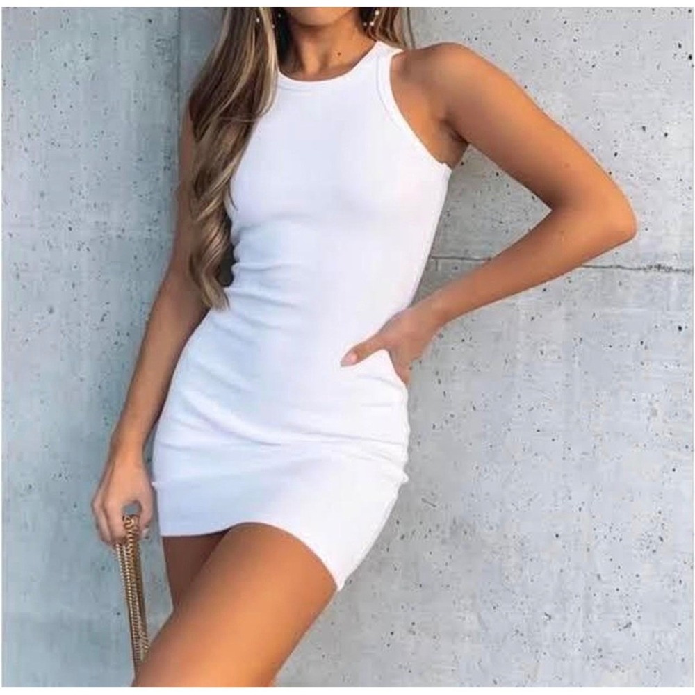White Fox Womens Ribbed Bodycon Mini Tank Dress White Sleeveless Size S